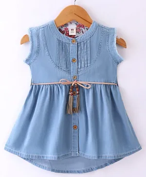ToffyHouse Denim Woven Sleeveless Frock with Tie Knot Bow - Blue
