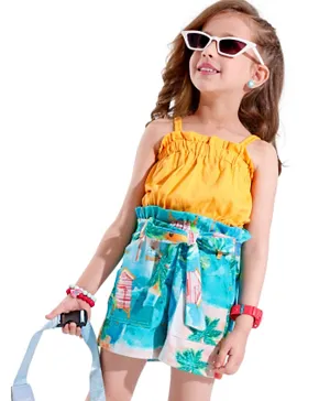 Ollington St. 100% Cotton Sleeveless Top With Boat & Palm Trees Print Shorts Set - Yellow & Blue