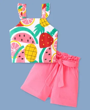 Ollington St. 100% Cotton Sleeveless Fruity Printed Top &  Shorts Set with Self Fabric Belt - Pink