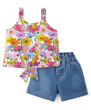 Babyhug Cotton Knit Sleeveless Singlet Top & Denim Shorts Floral Print - Multicolour