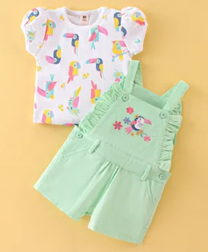 ToffyHouse Half Sleeves T-Shirt With Dungaree Bird Embroidery & Print - Light Green & White