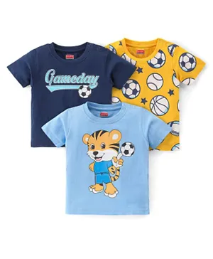 Babyhug Cotton Knit Short Sleeves T-Shirt with Football & Tiger Graphics Pack of 3 - Blue & Yellow