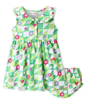 Babyhug 100% Cotton Jersey Knit Sleeveless Floral Printed Frocks With Bloomer - Green