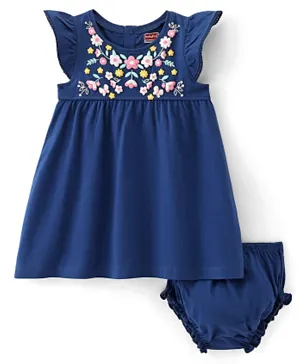 Babyhug Cotton Jersey Cap Sleeves Frock With Bloomer Floral Embossing - Navy