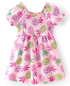 Babyhug Cotton Jersey Half Sleeves Smocking Frock Pineapple Print - Pink