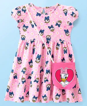 Babyhug Cotton Jersey Knit Half Sleeves Frock With Sling Bag Daisy Duck Print - Pink