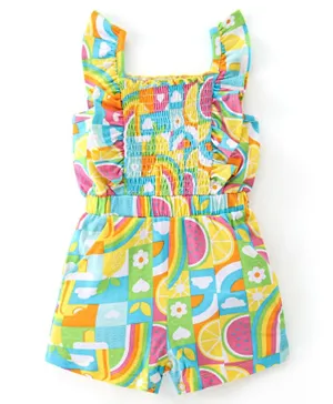 Babyhug Cotton Jersey Sleeveless Jumpsuit with Checkered & Floral Print -Yellow