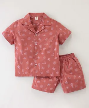 ToffyHouse Half Sleeves Shirt & Shorts/Co-ord Set Marine Life Print - Dark Pink