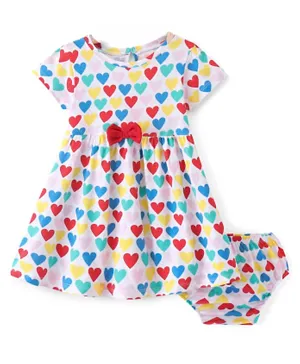 Babyhug Cotton Jersey Knit Half Sleeves Heart Printed Frock with Bloomer - white