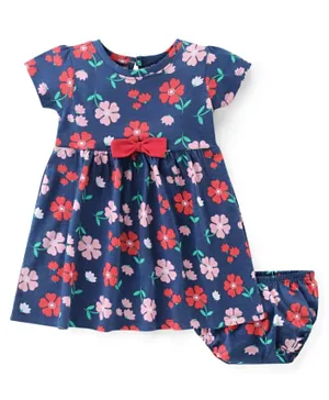 Babyhug Cotton Jersey Knit Half Sleeves Frock & Bloomer With Floral Print & Bow Applique - Navy Blue