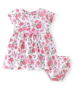 Babyhug Cotton Jersey Knit Half Sleeves Frock & Bloomer With Floral Print & Bow Applique - White & Pink