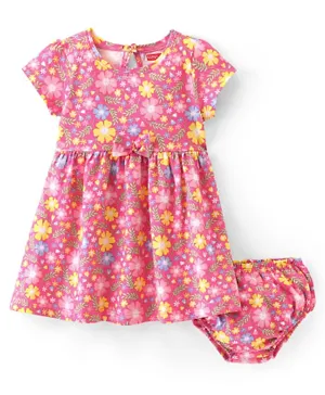 Babyhug Cotton Jersey Knit Half Sleeves Frock with Bloomer Floral Print & Bow Applique - Pink