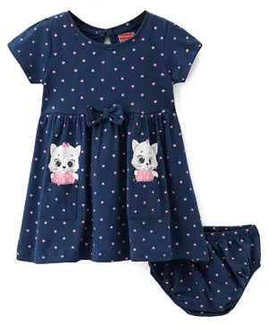 Babyhug Cotton Jersey Knit Half Sleeves Frock With Bloomer Kitty & Heart Print - Navy Blue