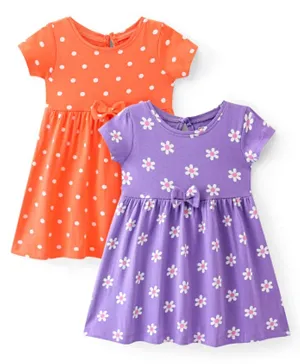 Babyhug Cotton Jersey Knit Half Sleeves Frock with Polka Dot & Floral Print Pack of 2 - Orange & Purple
