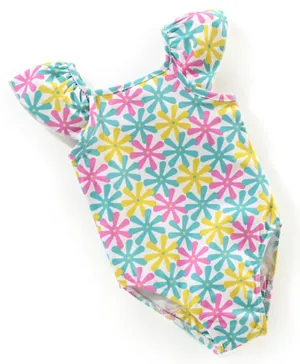 Babyhug V Cut Flutter Sleeves Swimsuit Floral Print - Multicolour