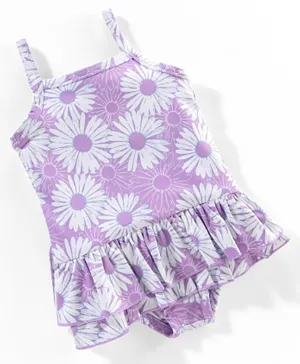 Babyhug V Cut Sleeveless Frock Style Swimsuit Floral Print - Multicolour
