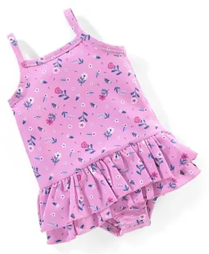 Babyhug V Cut Sleeveless Frock Style Swimsuit Floral Print - Pink