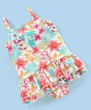 Babyhug V Cut Sleeveless Frock Style Swimsuit Floral Print - Multicolour