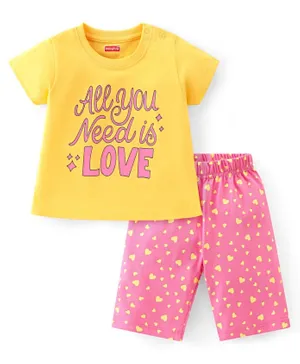 Babyhug Cotton Knit Half Sleeve Capri Night Suit With Text Print - Yellow & Pink