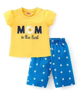 Babyhug Cotton Knit Half Sleeve Capri Night Suit With Text Print - Yellow & Blue