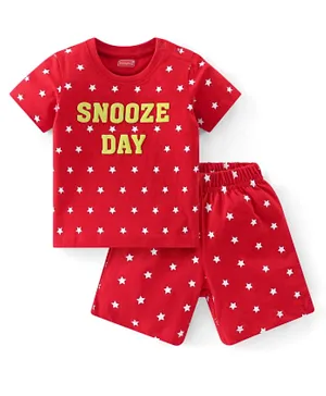 Babyhug Cotton Knit Half Sleeves Night Suit With Text Print - Red