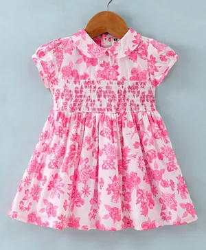 ToffyHouse 100% Woven Cotton Cap Sleeves Pre Printed Fabric Frock with Floral Print - Pink