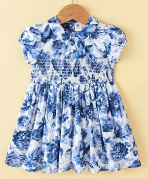 ToffyHouse 100% Woven Cotton Cap Sleeves Pre Printed Fabric Frock with Floral Print - Blue