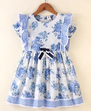 ToffyHouse 100% Cotton Knit Sleeveless Frock with Frill Detailing Pre Printed Floral Fabric with Bow Applique- Blue & White