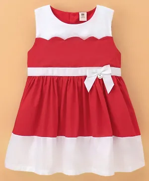 ToffyHouse 100% Woven Cotton Sleeveless Twill Frock with Cut & Sew Design - Red