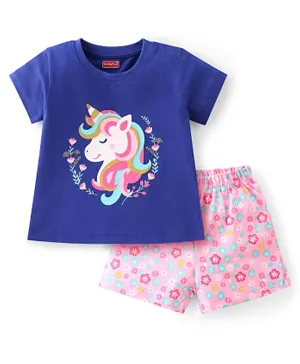 Babyhug Cotton Knit Short Sleeve Night Suit With Unicorn Print -  Blue & Pink