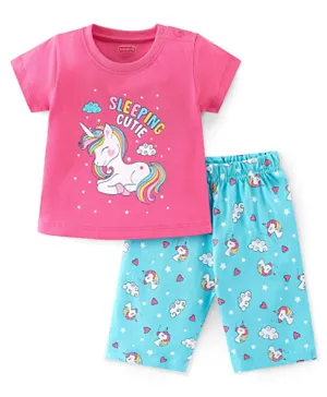 Babyhug Single Jersey Knit Half Sleeves Night Suit With Unicorn Print - Pink & Blue