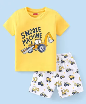 Babyhug Cotton Knit Half Sleeves Night Suit With JCB & Text Print - Yellow & White