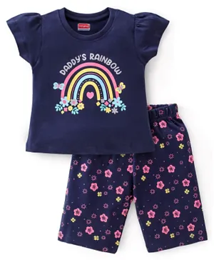 Babyhug Cotton Knit Single Jersey Half Sleeves Capri Night Suit With Floral Print - Navy Blue