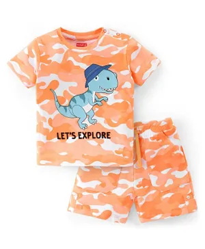 Babyhug 100% Cotton Half Sleeves T-Shirt & Shorts/Co-ord Set With Camouflage & Dino Print - Orange