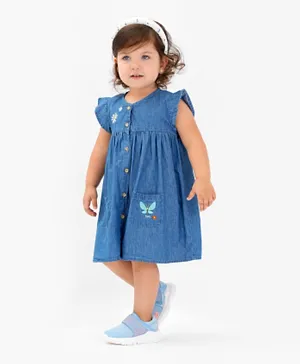 Bonfino 100% Cotton Woven Flutter Sleeves Denim Dress With Floral Embroidery - Indigo