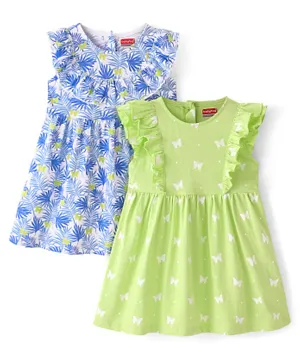 Babyhug 100% Cotton Jersey Knit Sleeveless Frilled Frock Butterfly Print Pack Of 2 - Blue & Green