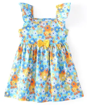 Babyhug Cotton Jersey Knit Frill Sleeves Bow Applique Floral Printed Frock - Multicolor
