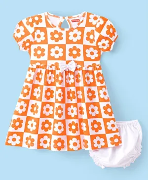 Babyhug 100% Cotton Jersey Knit Half Sleeves Frock With Bloomer Floral Print - Orange