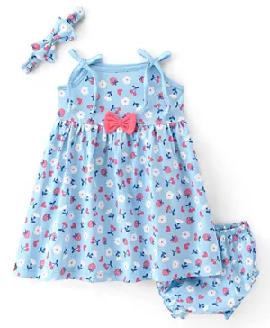 Babyhug Cotton Jersey Knit Sleeveless Floral Printed Frock with Bloomer & Headband - Blue