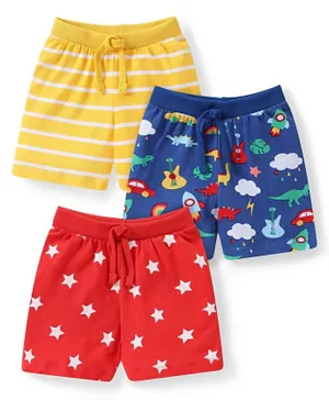 Babyhug Cotton Knit Dino & Stars Printed Shorts Pack of 3 - Blue/Red/Yellow