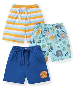 Babyhug Cotton Knit Jungle Safari Printed & Striped Shorts Pack of 3 - Multicolor