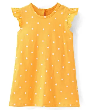 Babyhug Cotton Knit Frill Sleeves Nighty Polka Dot Print- Yellow