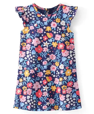 Babyhug Cotton Knit Flutter Sleeve Nighty Floral Print - Navy Blue