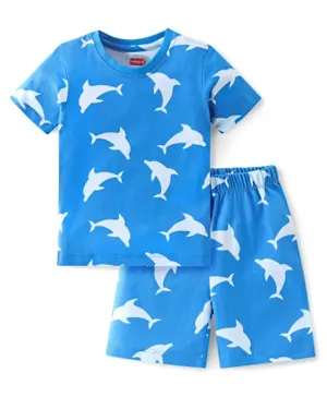 Babyhug Cotton Single Jersey Knit Half Sleeves Night Suit Marine Life Print - Blue