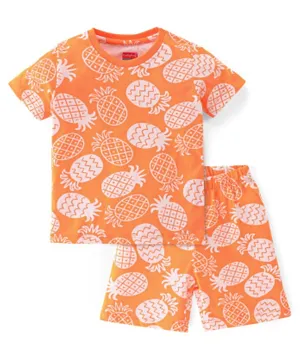 Babyhug Cotton Single Jersey Knit Half Sleeves Night Suit Pineapple Print - Orange