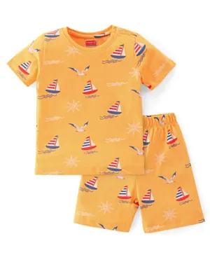 Babyhug Cotton Knit Half Sleeves Night Suit Boat Print- Yellow