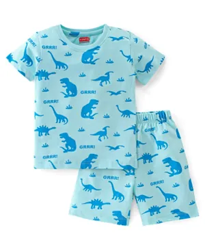 Babyhug Cotton Knit Half Sleeves Night Suit Dino & Text Print- Blue