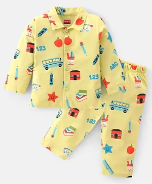 Babyhug Cotton Knit Full Sleeves Fruit & Vehicle  Print Night Suit - Yellow