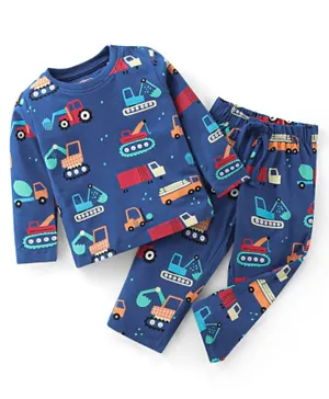 Babyhug Cotton Knit Full Sleeves Night Suit With Construction Print - Navy Blue