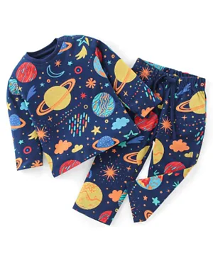 Babyhug Cotton Single Jersey Knit Full Sleeves Night Suit Space Theme - Navy Blue